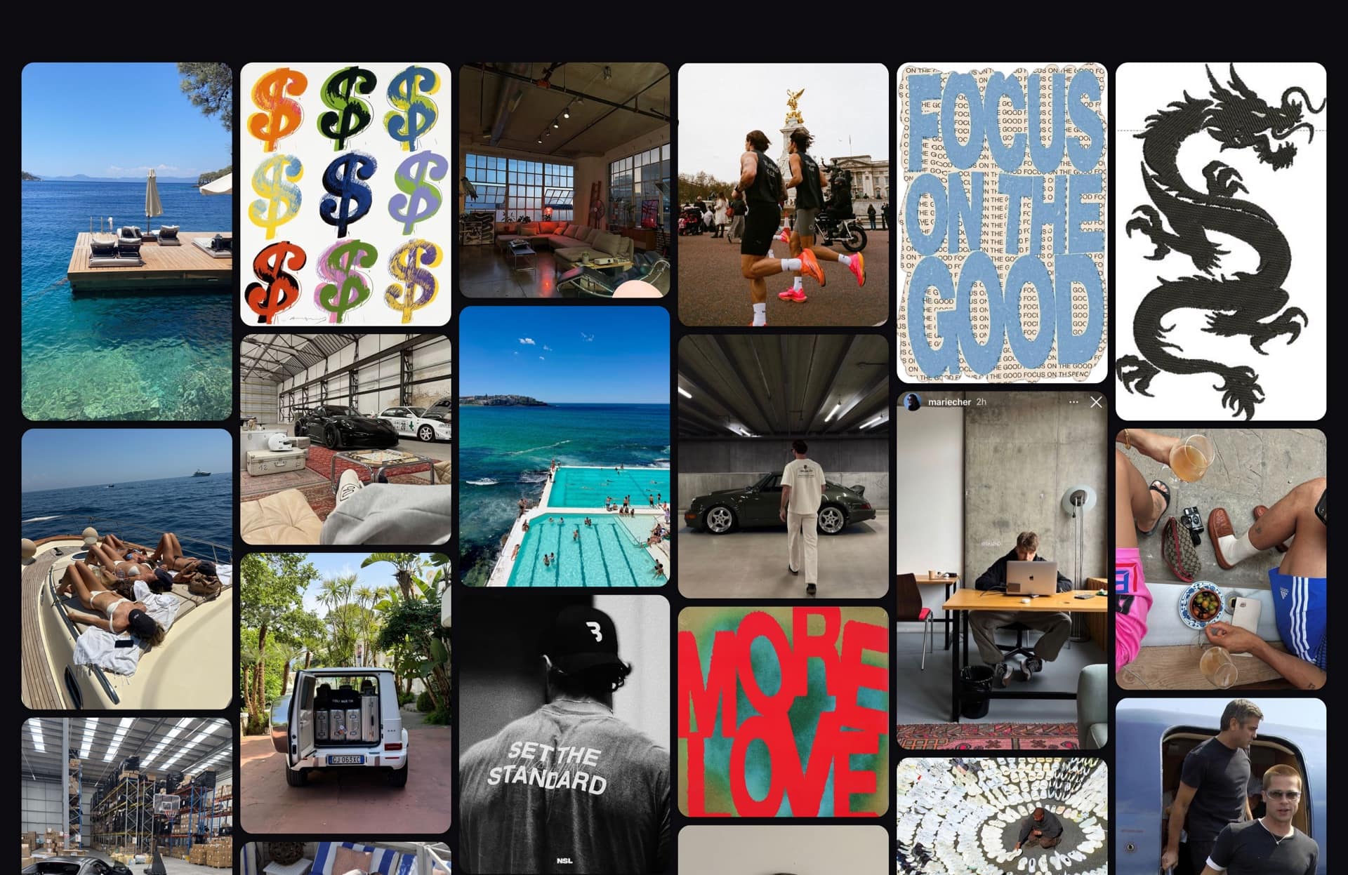VisionWall live wallpaper showing a Pinterest mood board as a masonry collage on a Mac desktop