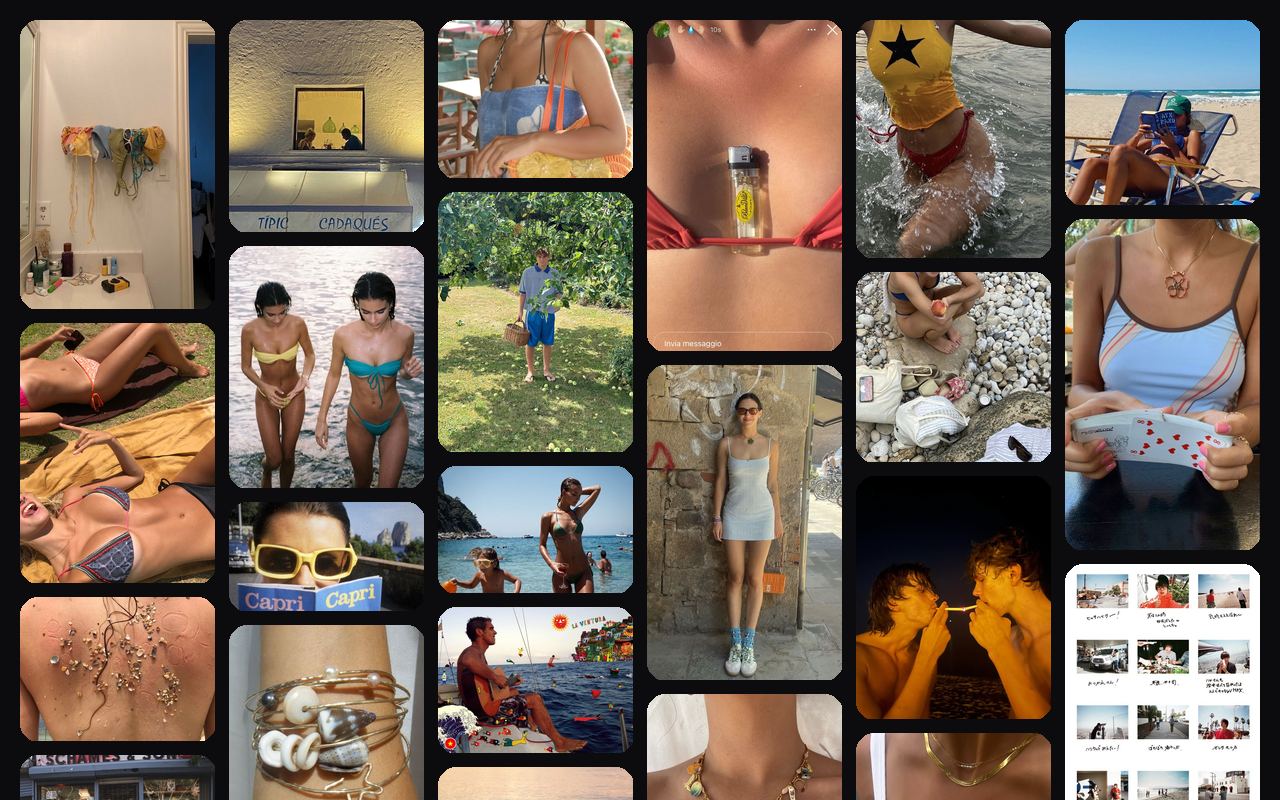 VisionWall on a summer mood board, beach, swimsuits, jewelry